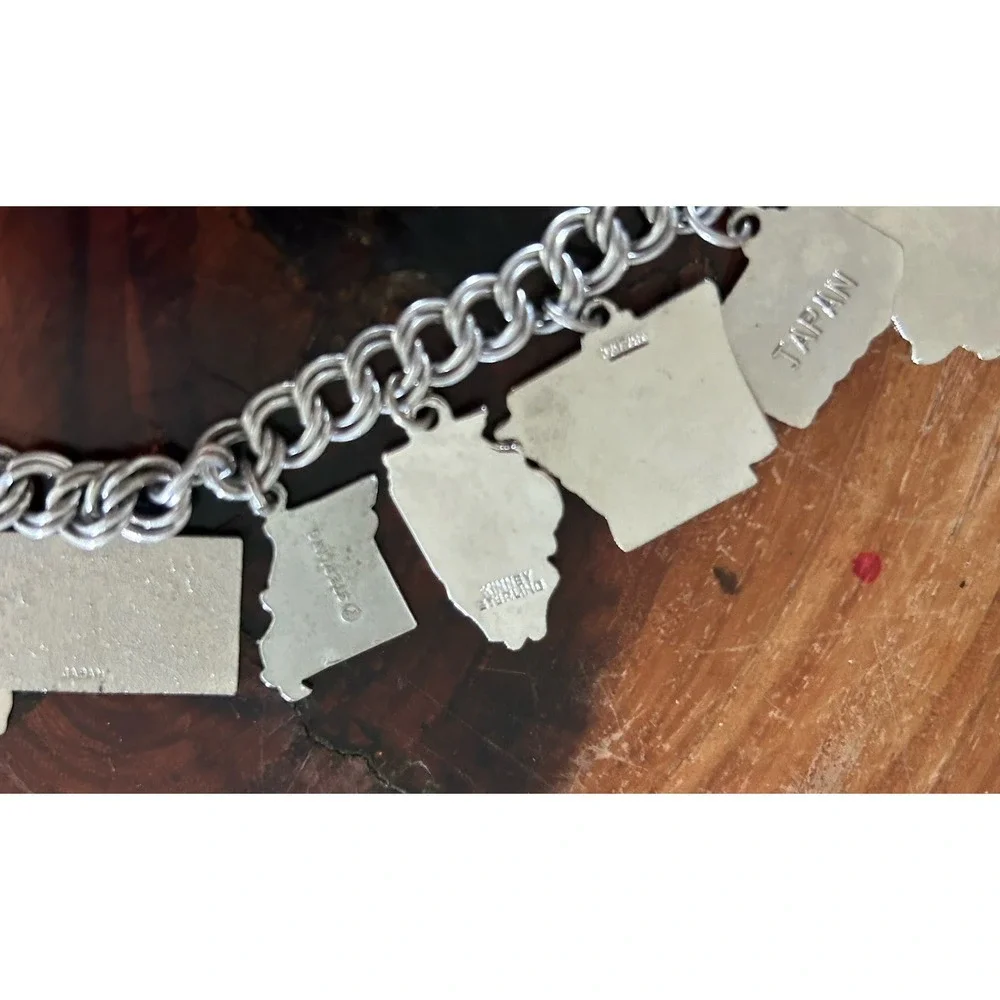 Vintage Sterling And Enamel USA States Charms Double Curb Bracelet Small
